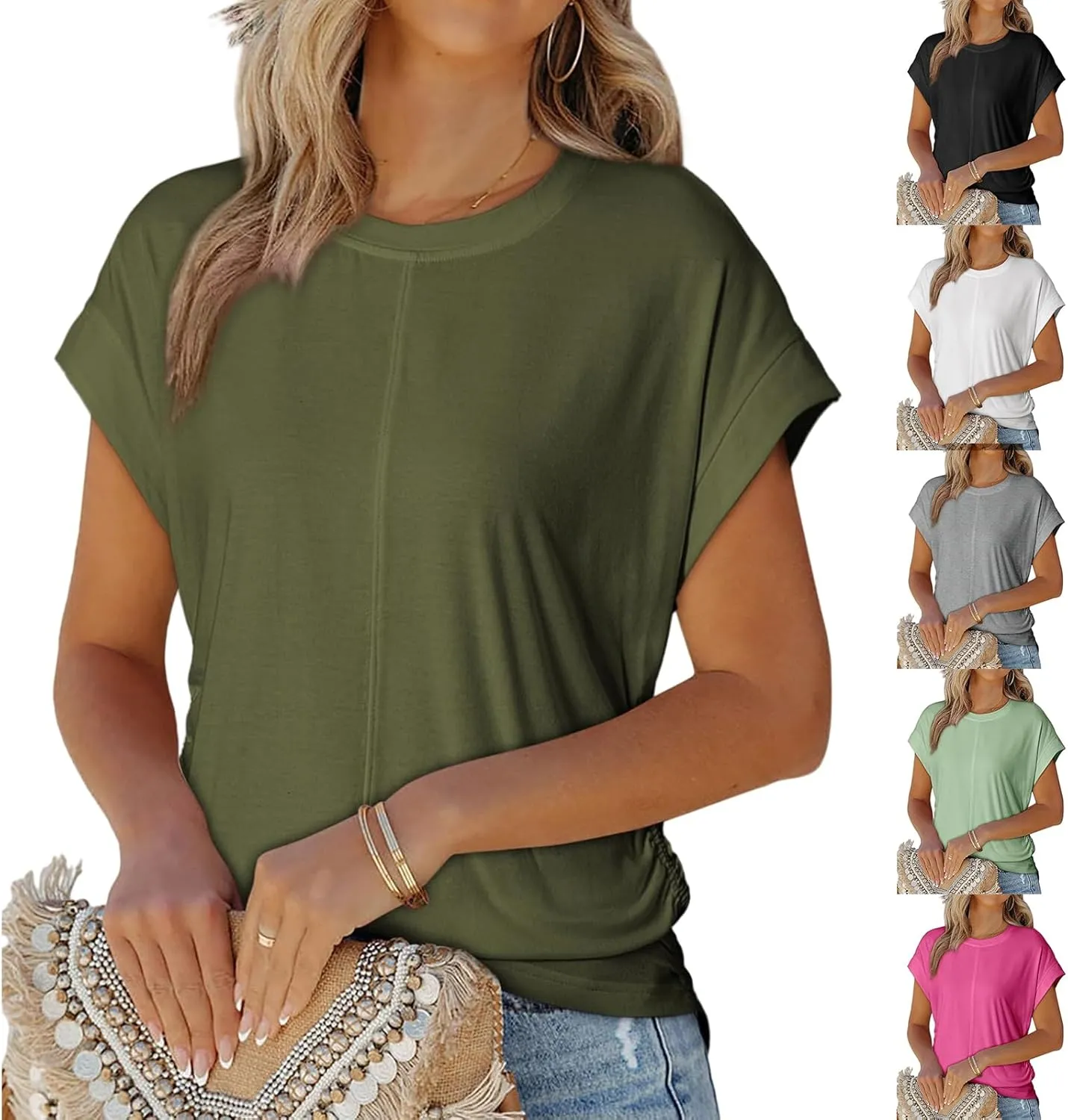 Womens Tops Oversized Business Casual Summer Shirts Trendy Cap Sleeve Crew Neck Loose Fit Basic Tee Outfits