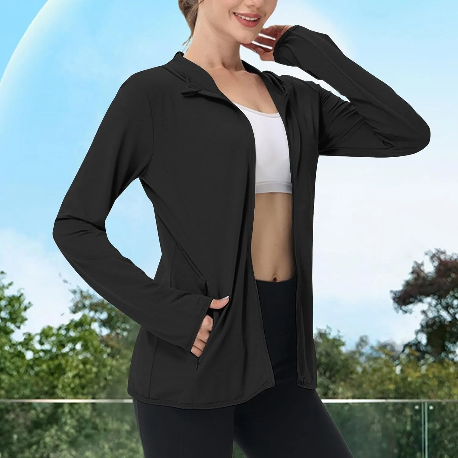 Womens UPF 50  Sun Protection Hoodie Jacket Lightweight Athletic Jacket with Zip Pockets Full Zip Long Sleeve Shirts