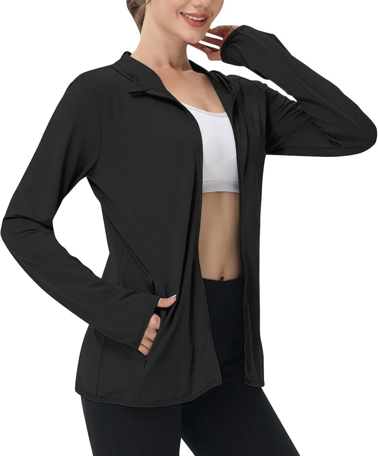 Womens UPF 50  Sun Protection Hoodie Jacket Lightweight Athletic Jacket with Zip Pockets Full Zip Long Sleeve Shirts