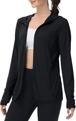 Womens UPF 50  Sun Protection Hoodie Jacket Lightweight Athletic Jacket with Zip Pockets Full Zip Long Sleeve Shirts