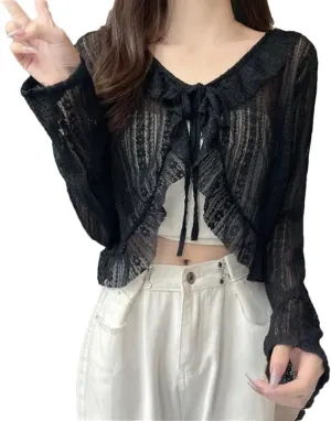 Women's V-Neck Ruffled Lace Patchwork Short Beach Long-Sleeved Top