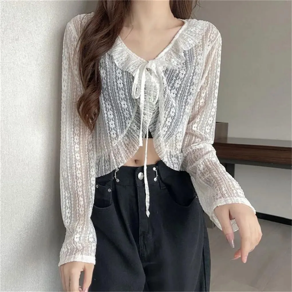Women's V-Neck Ruffled Lace Patchwork Short Beach Long-Sleeved Top