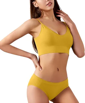 Women's V Neck Seamless Underwear Lingerie Solid Bralette and Set Sexy Lingerie Set Lace (Yellow, M)