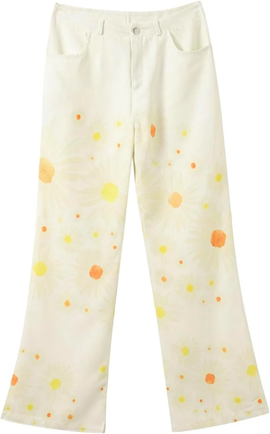 Womens Vintage Wide Leg Fashion High Waisted Casual Denim Pants 90s Floral Printed Pull On Baggy Trousers 2
