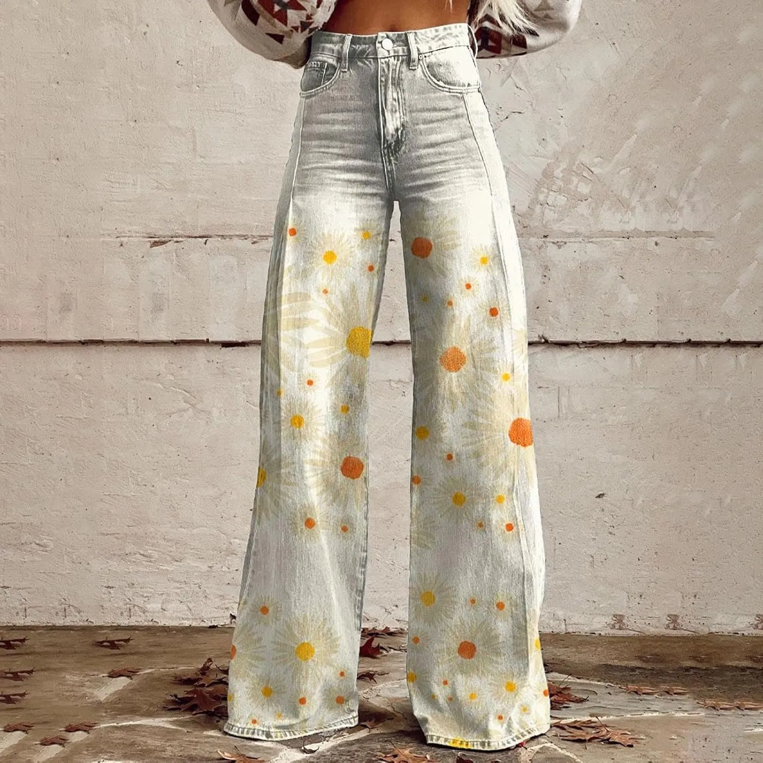 Womens Vintage Wide Leg Fashion High Waisted Casual Denim Pants 90s Floral Printed Pull On Baggy Trousers 2