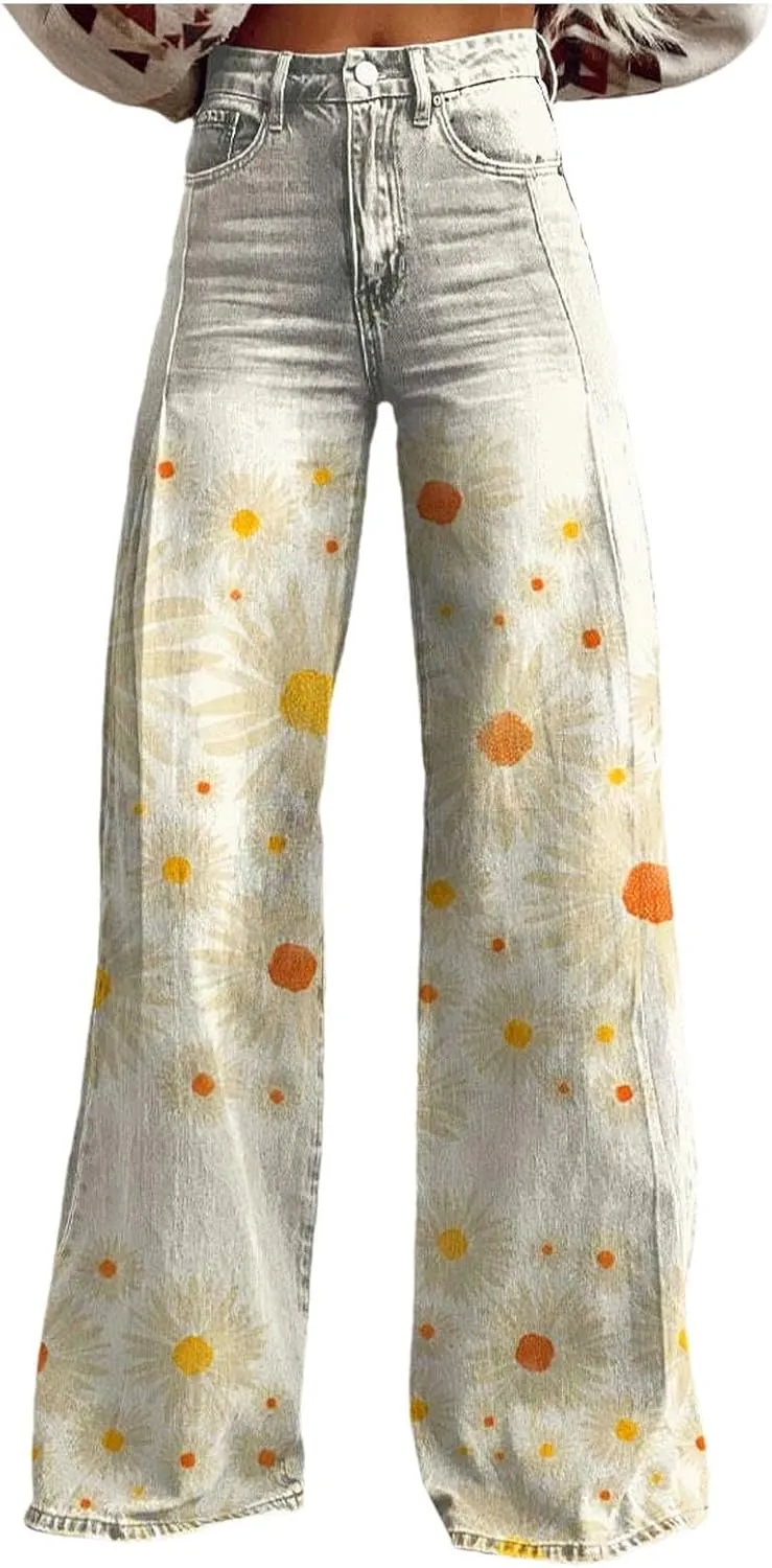 Womens Vintage Wide Leg Fashion High Waisted Casual Denim Pants 90s Floral Printed Pull On Baggy Trousers 2
