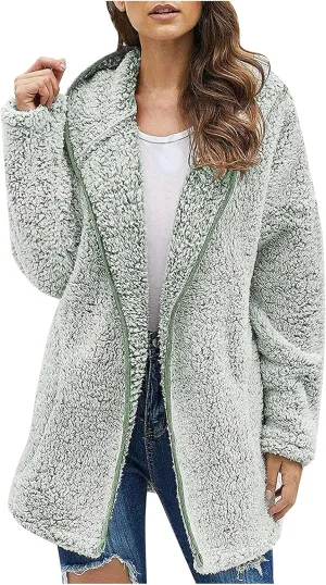 Womens Warm Fuzzy Zip Up Hoodie 2024 Winter Long Sleeve Solid Fuzzy Fleece Jacket Plus Size Sherpa Coat with Pockets