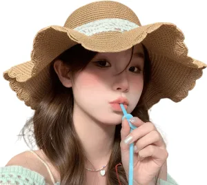 Women's Wide Brim Sun Hat Lace Bow Straw Hat Round Top Beach Cap for Summer