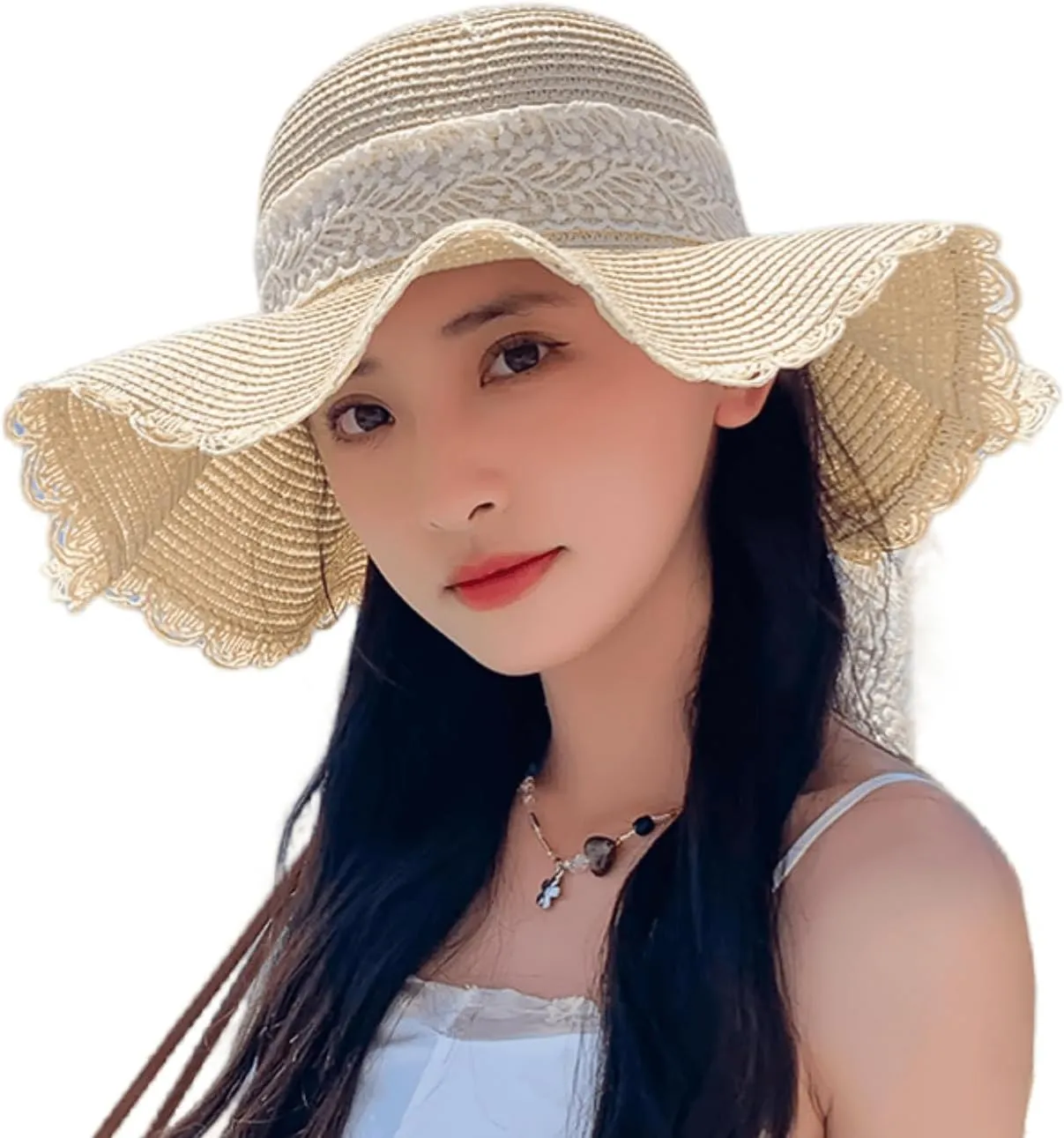 Women's Wide Brim Sun Hat Lace Bow Straw Hat Round Top Beach Cap for Summer