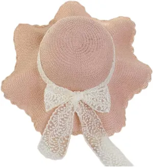 Women's Wide Brim Sun Hat Lace Bow Straw Hat Round Top Beach Cap for Summer
