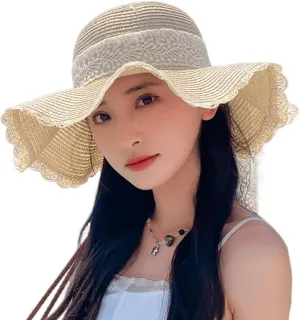Women's Wide Brim Sun Hat Lace Bow Straw Hat Round Top Beach Cap for Summer