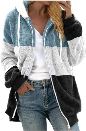 Womens Winter Coats Clearance,Womens Plus Size Sherpa Hoodie Women Sweater Jacket Fuzzy Fleece Jacket Hooded Color Block Patchwork Cardigan Coat Outerwear With Pocket Blues4Xl