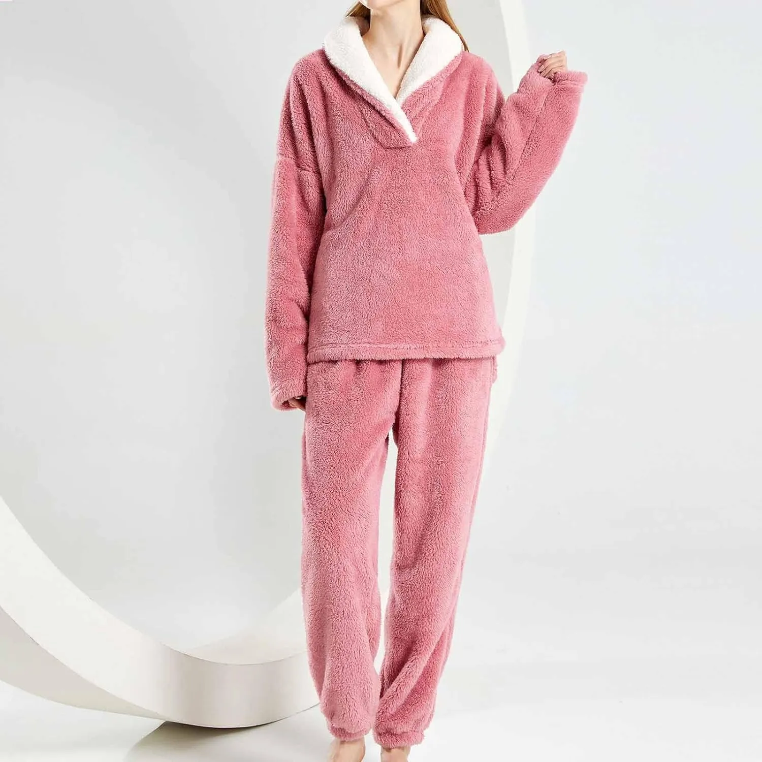 Women's Winter Sherpa Pajamas Set Fleece Two Piece Tops and Pants Lounge Sets Fluffy Cozy Long Sleeve Homewear Set