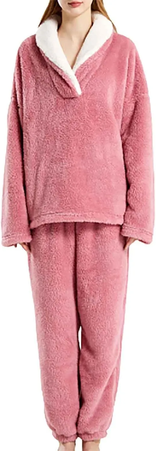 Women's Winter Sherpa Pajamas Set Fleece Two Piece Tops and Pants Lounge Sets Fluffy Cozy Long Sleeve Homewear Set