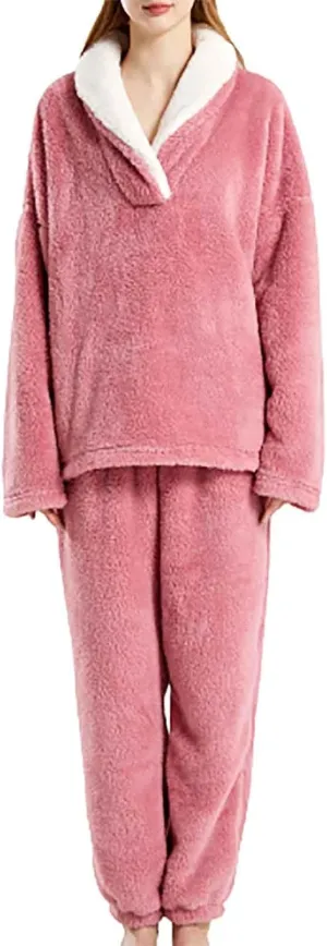 Women's Winter Sherpa Pajamas Set Fleece Two Piece Tops and Pants Lounge Sets Fluffy Cozy Long Sleeve Homewear Set