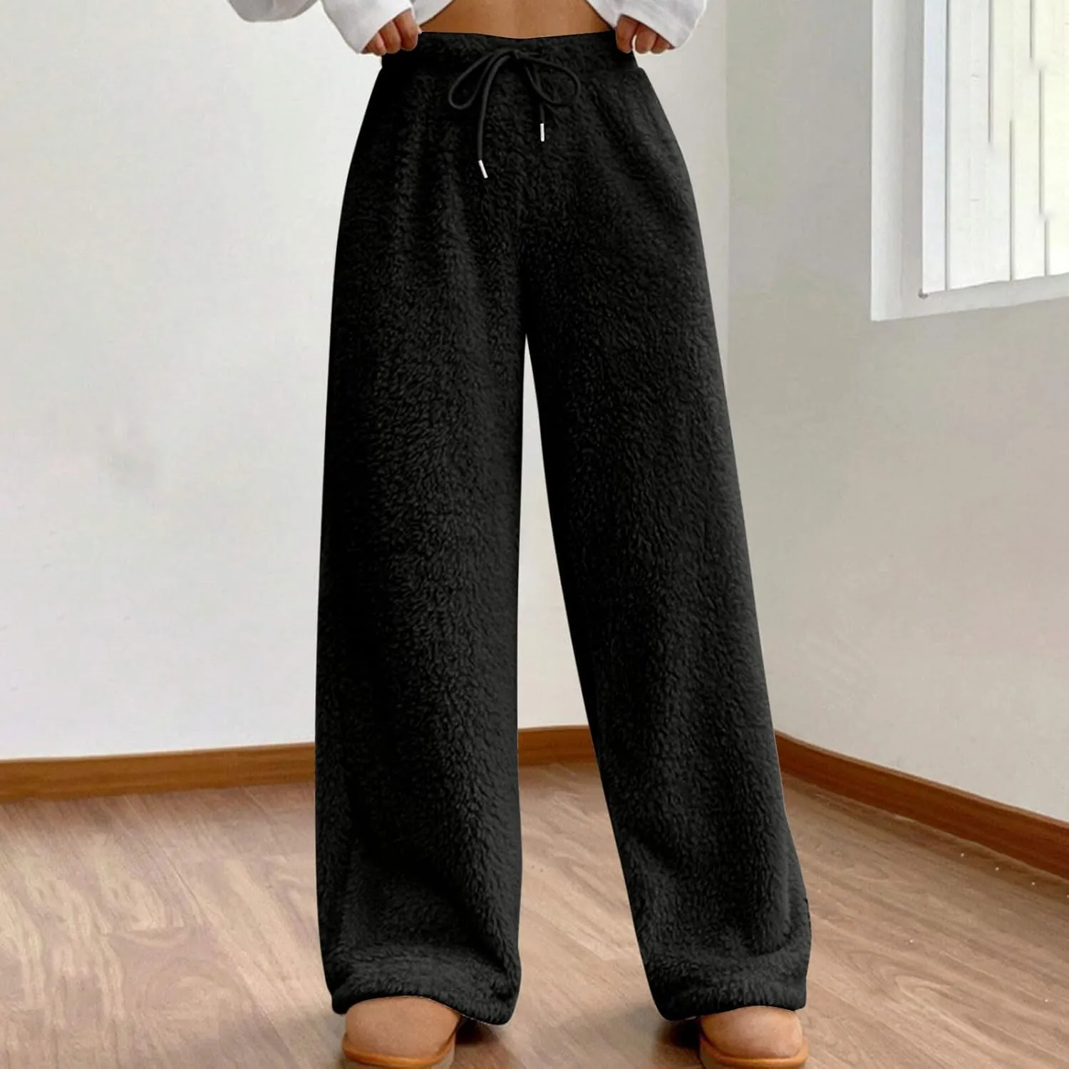 Womens Winter Warm Fleece Pants Wide Leg High Waist Fuzzy Plush Lounge Pant Soft Cozy Teddy Bear Thermal Pajamas Pant