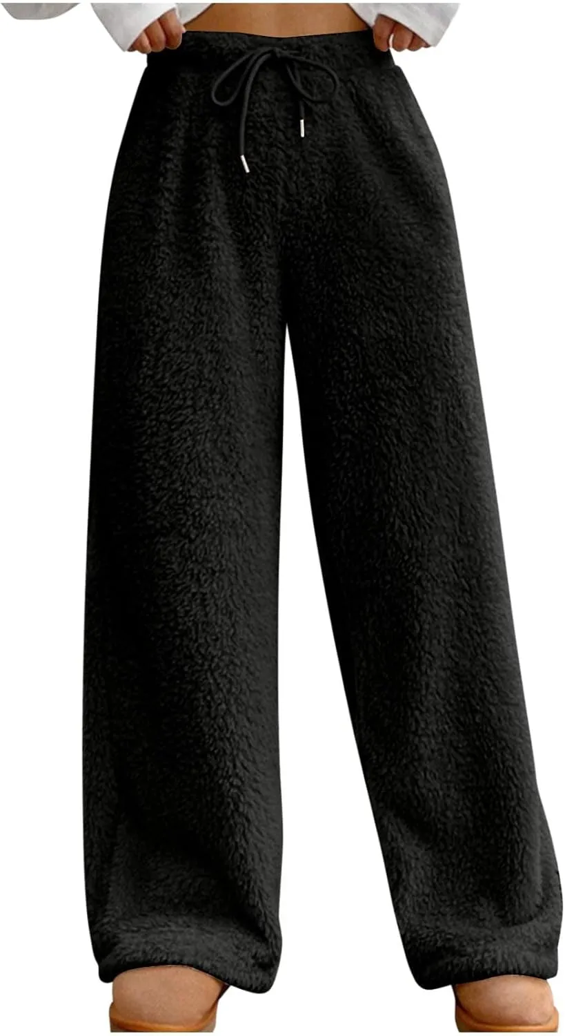 Womens Winter Warm Fleece Pants Wide Leg High Waist Fuzzy Plush Lounge Pant Soft Cozy Teddy Bear Thermal Pajamas Pant