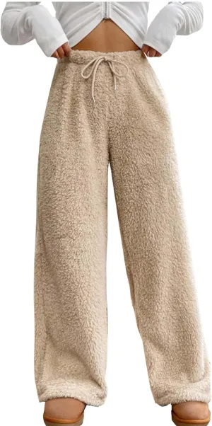 Womens Winter Warm Fleece Pants Wide Leg High Waist Fuzzy Plush Lounge Pant Soft Cozy Teddy Bear Thermal Pajamas Pant