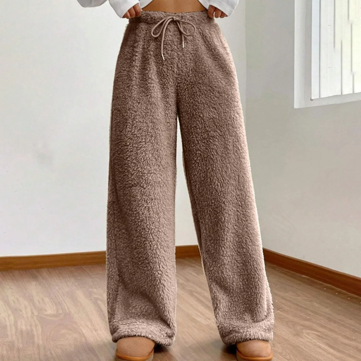 Womens Winter Warm Fleece Pants Wide Leg High Waist Fuzzy Plush Lounge Pant Soft Cozy Teddy Bear Thermal Pajamas Pant