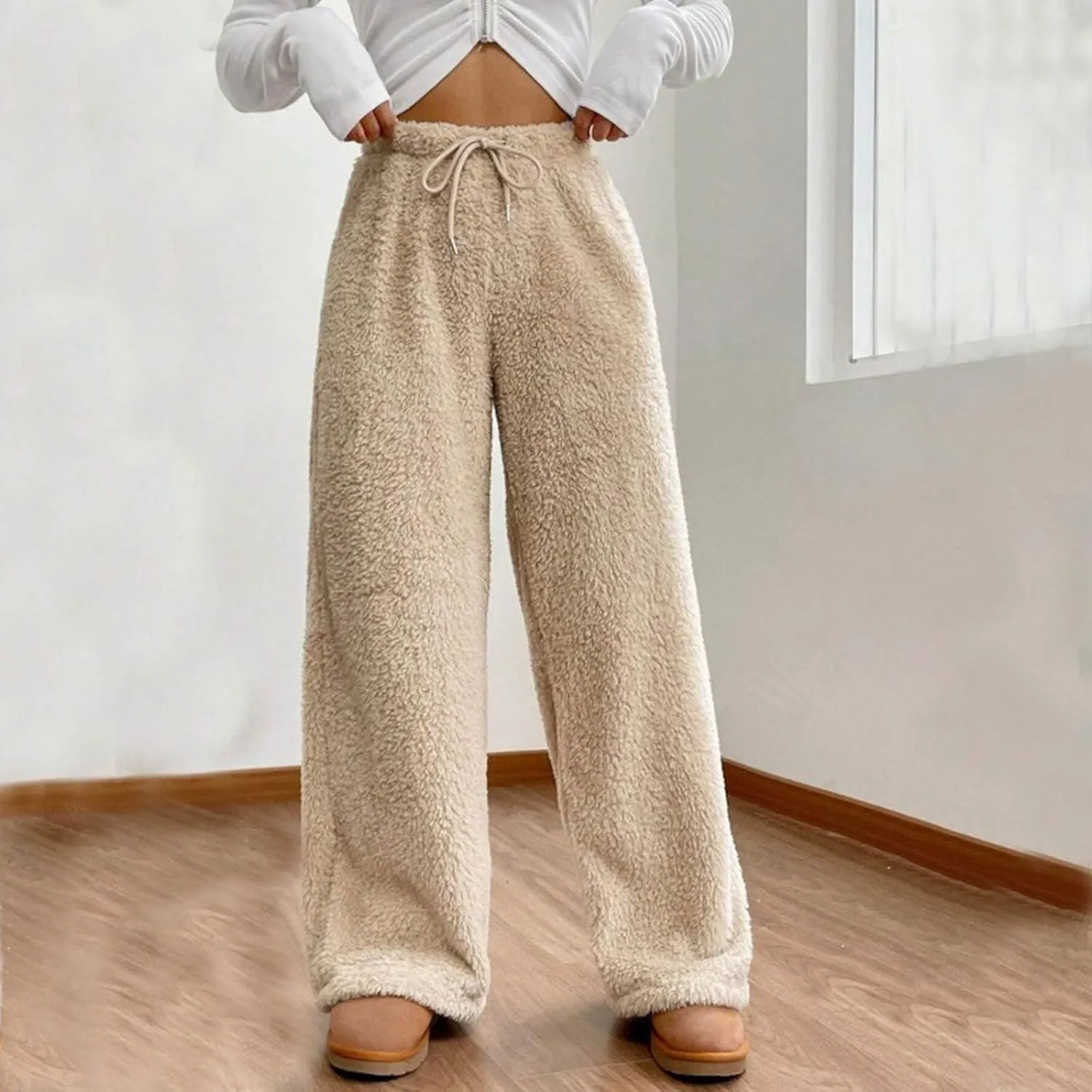 Womens Winter Warm Fleece Pants Wide Leg High Waist Fuzzy Plush Lounge Pant Soft Cozy Teddy Bear Thermal Pajamas Pant