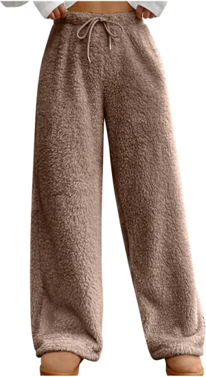 Womens Winter Warm Fleece Pants Wide Leg High Waist Fuzzy Plush Lounge Pant Soft Cozy Teddy Bear Thermal Pajamas Pant