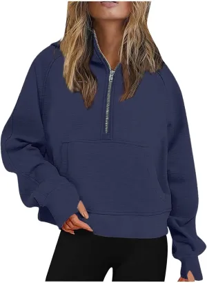 Womens Zip up Hoodies Oversized Sweatshirts Half Zip Cropped Pullover Fleece Preppy Clothes Fall Teen Girls Outfits