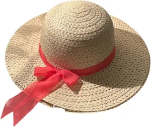 Woven Straw Sun Hat with Red Ribbon Bow, One Size
