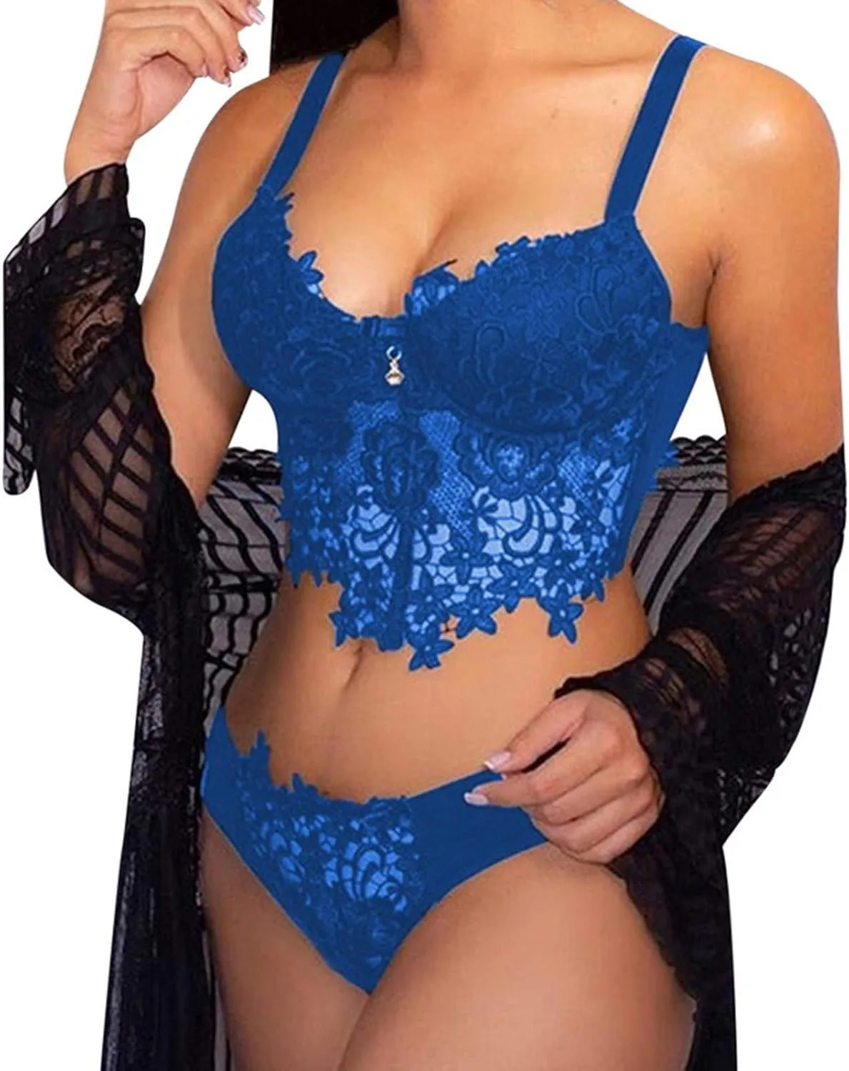 XUETON Womens Lace Lingerie Set Sexy Deep V Embroidered Bra Close Front Bralette and Panty Sets
