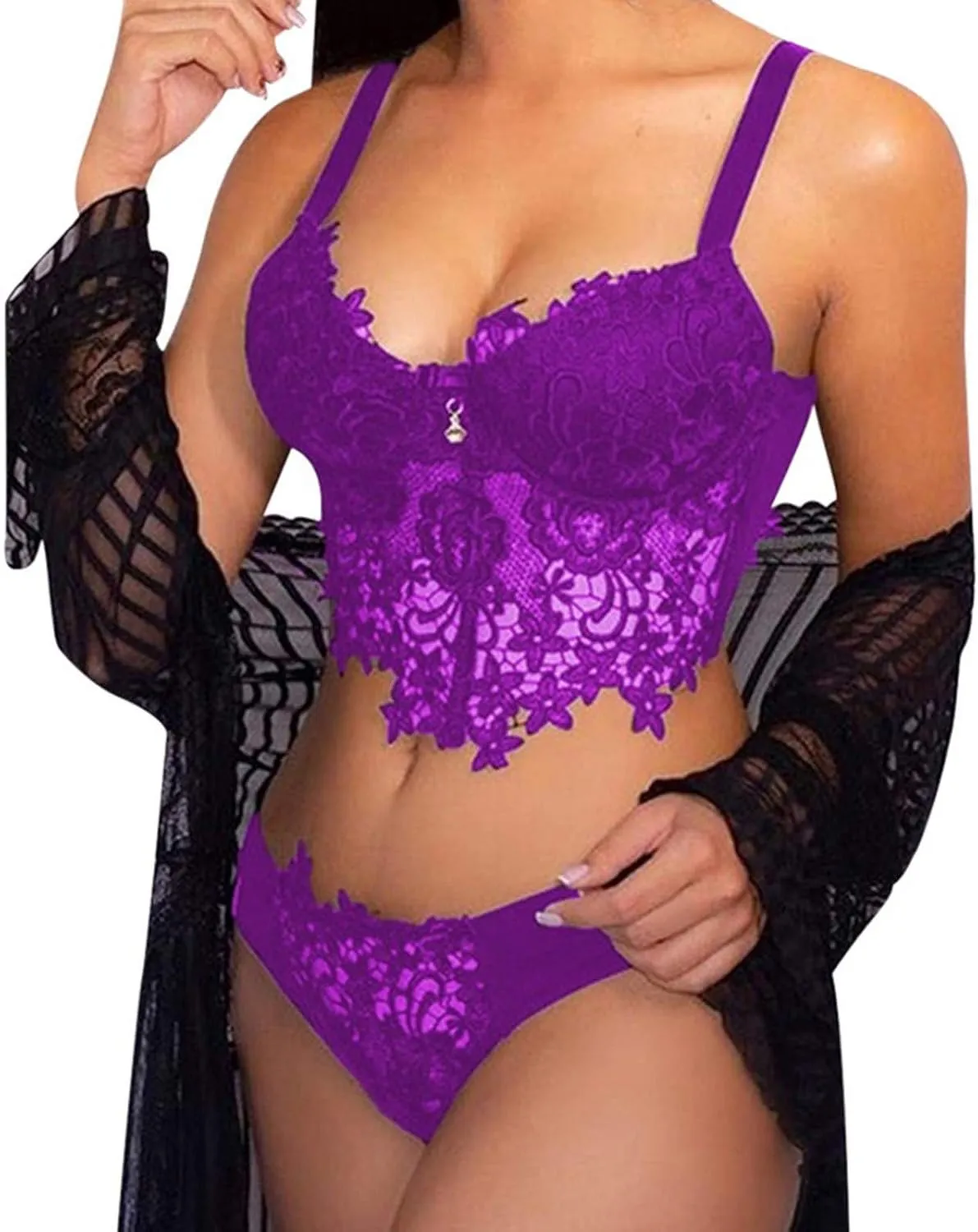 XUETON Womens Lace Lingerie Set Sexy Deep V Embroidered Bra Close Front Bralette and Panty Sets