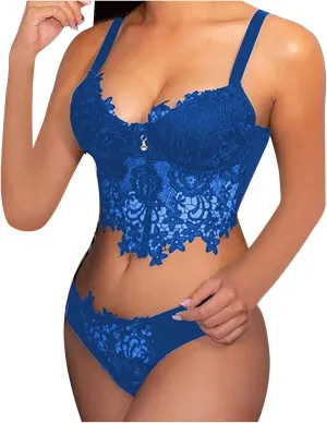 XUETON Womens Lace Lingerie Set Sexy Deep V Embroidered Bra Close Front Bralette and Panty Sets