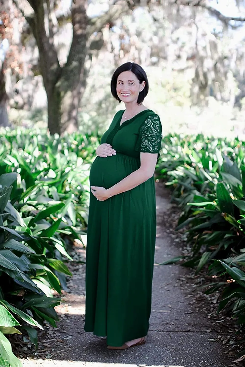 Y Lace Neckline Maternity Dress Lace Short Sleeve Maternity Maxi Dress for Baby Shower Maternity Photoshoot