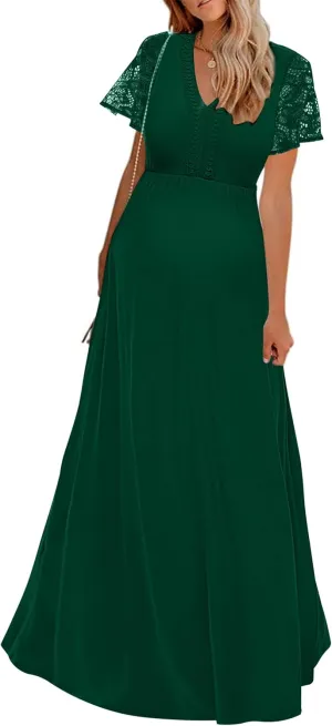 Y Lace Neckline Maternity Dress Lace Short Sleeve Maternity Maxi Dress for Baby Shower Maternity Photoshoot