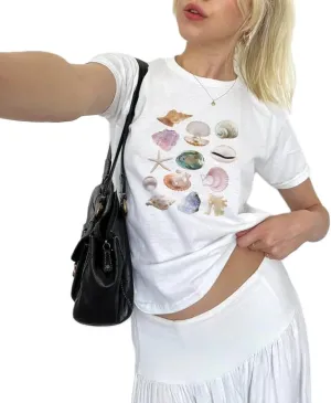 Y2K White Baby Tees for Women Cute Graphic Printed Crop Top Vintage Aesthetic Summer T Shirt for Teen Girls