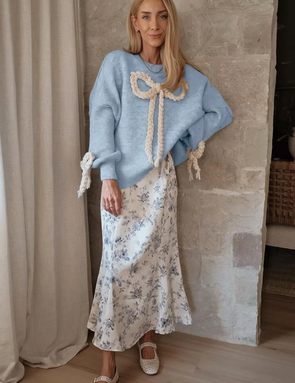 Yimoon Women Bow Sweater Oversized Chunky Knitted Sweater Crewneck Long Sleeve Pullover Side Slit Sweater Cute Winter Outwear