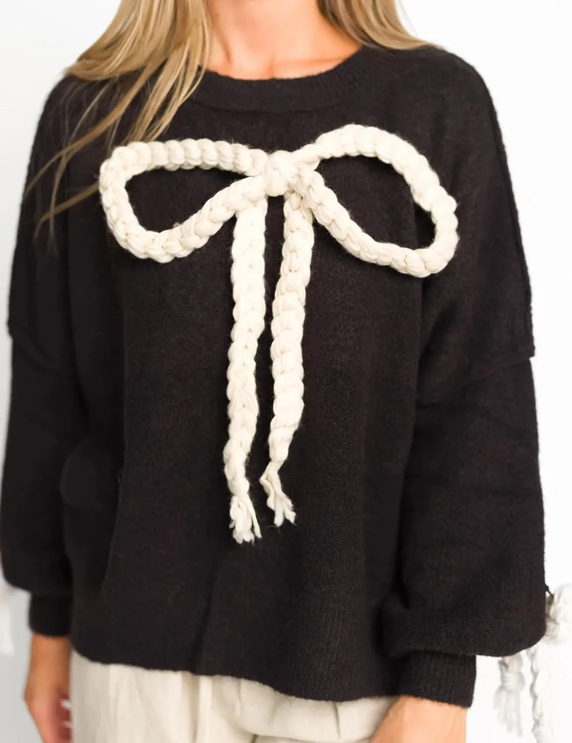 Yimoon Women Bow Sweater Oversized Chunky Knitted Sweater Crewneck Long Sleeve Pullover Side Slit Sweater Cute Winter Outwear