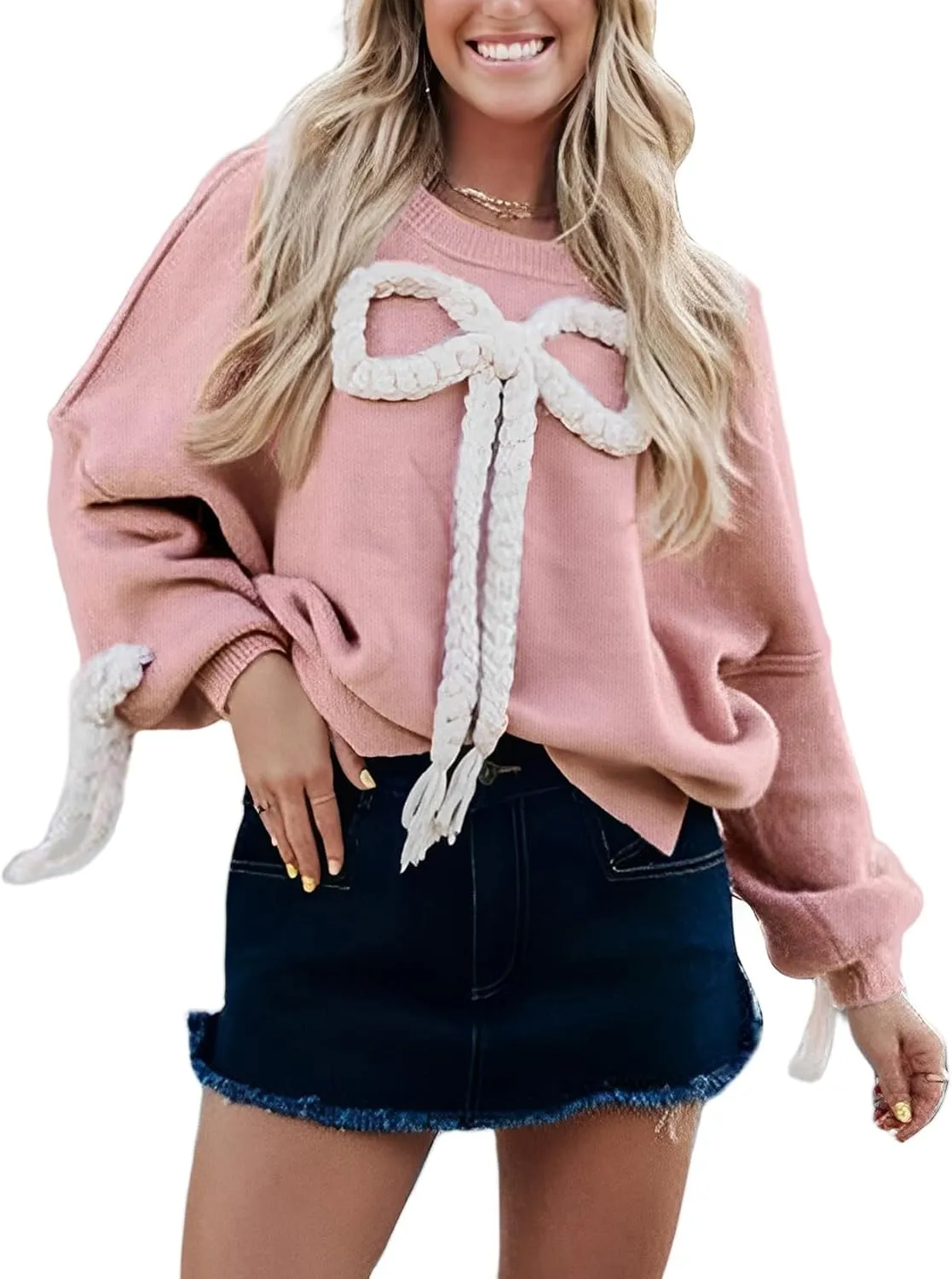Yimoon Women Bow Sweater Oversized Chunky Knitted Sweater Crewneck Long Sleeve Pullover Side Slit Sweater Cute Winter Outwear