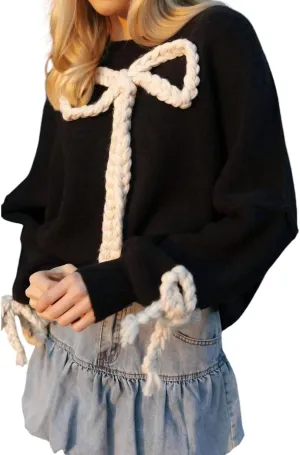 Yimoon Women Bow Sweater Oversized Chunky Knitted Sweater Crewneck Long Sleeve Pullover Side Slit Sweater Cute Winter Outwear