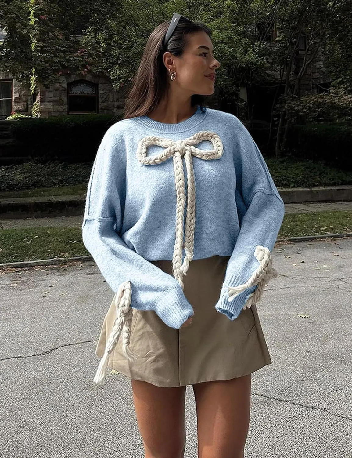 Yimoon Women Bow Sweater Oversized Chunky Knitted Sweater Crewneck Long Sleeve Pullover Side Slit Sweater Cute Winter Outwear