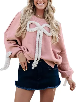 Yimoon Women Bow Sweater Oversized Chunky Knitted Sweater Crewneck Long Sleeve Pullover Side Slit Sweater Cute Winter Outwear
