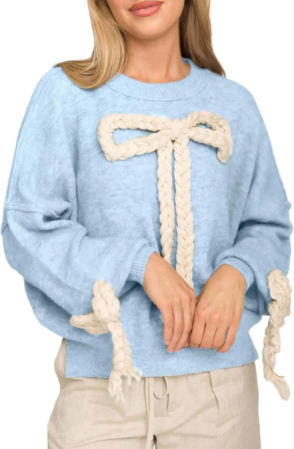 Yimoon Women Bow Sweater Oversized Chunky Knitted Sweater Crewneck Long Sleeve Pullover Side Slit Sweater Cute Winter Outwear