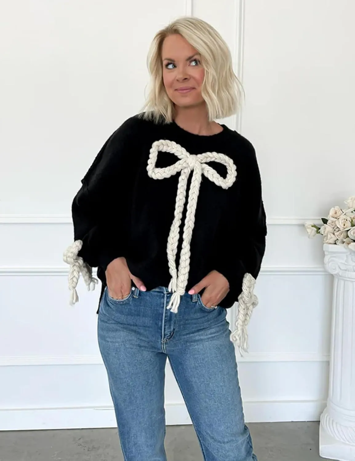 Yimoon Women Bow Sweater Oversized Chunky Knitted Sweater Crewneck Long Sleeve Pullover Side Slit Sweater Cute Winter Outwear