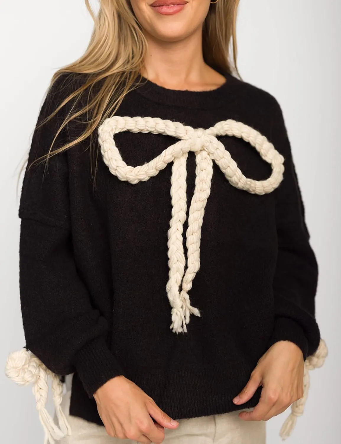 Yimoon Women Bow Sweater Oversized Chunky Knitted Sweater Crewneck Long Sleeve Pullover Side Slit Sweater Cute Winter Outwear