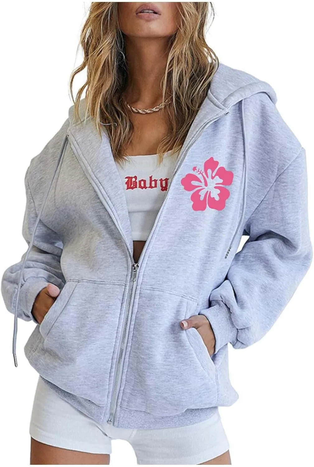 Zip Up Hoodie Women Letter Print Casual Graphic Sweatshirts Drawstring Long Sleeve Cardigan Cute Oversized Tops