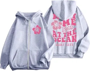 Zip Up Hoodie Women Letter Print Casual Graphic Sweatshirts Drawstring Long Sleeve Cardigan Cute Oversized Tops