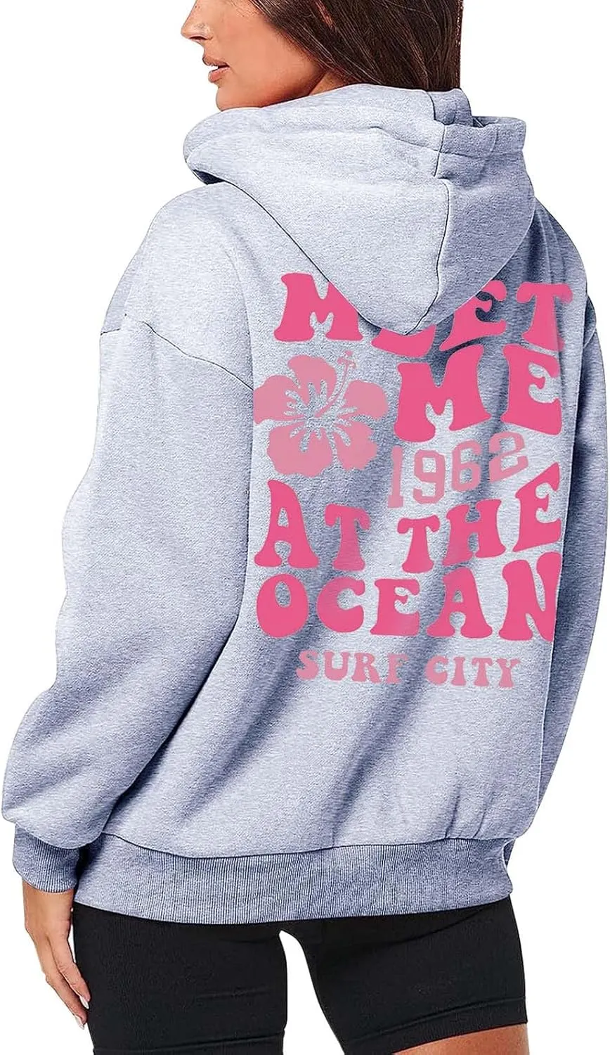 Zip Up Hoodie Women Letter Print Casual Graphic Sweatshirts Drawstring Long Sleeve Cardigan Cute Oversized Tops